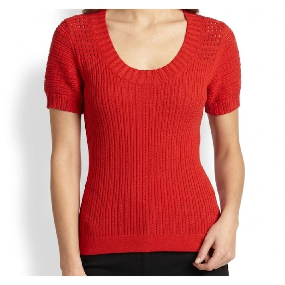 See by Chloe Short Sleeve Knit Sweater Top XS Vibrant Red Scoop Neck Pullover AP